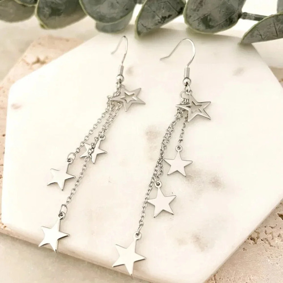 925 Sterling Silver Star Dangle Earrings Long Star Tassel Chain Drop Earrings - Picture 4 of 4
